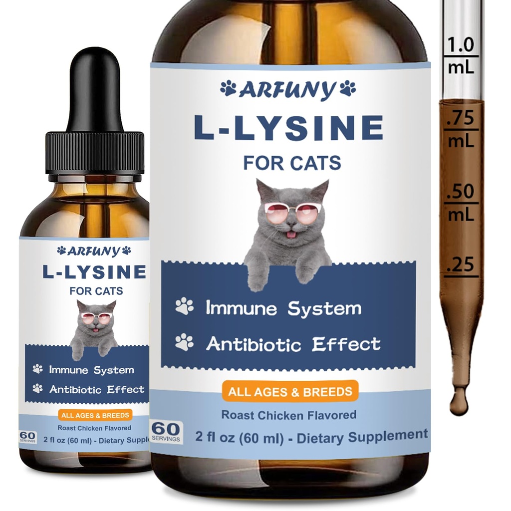 L-Lysine Suplemento para Gatos - Suporte Imune - 60ML Lisina para Respiratório Felino, Espirros, Nariz Runny, Função ocular - Natural Cat Antibiótico Drops - Roast Chicken Flavor