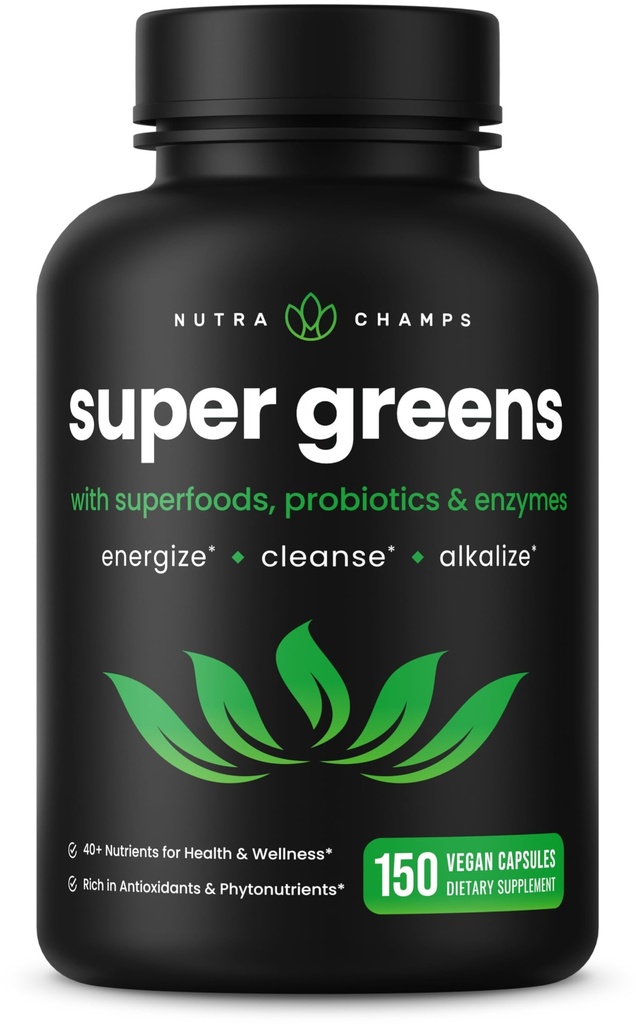 NutraChamps Organic Super Greens Cápsulas - Alfalfa, espirulina, chlorela e mais - Antioxidante, Enzima Digestiva & Misturas Probióticas - 150 Cápsulas Green Superfood