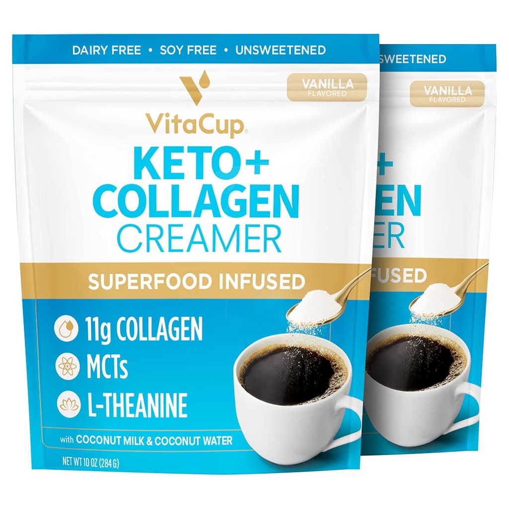 VitaCup Keto + creme de café de colagénio Vanilla Flavor w/MCT, proteína de colagénio, água de coco, L-Theanina para Keto Diet, café, smoothies, & Shakes, Dairy-free, Gluten-Free, Soy-Free, 2 sacos, 10 onças cada