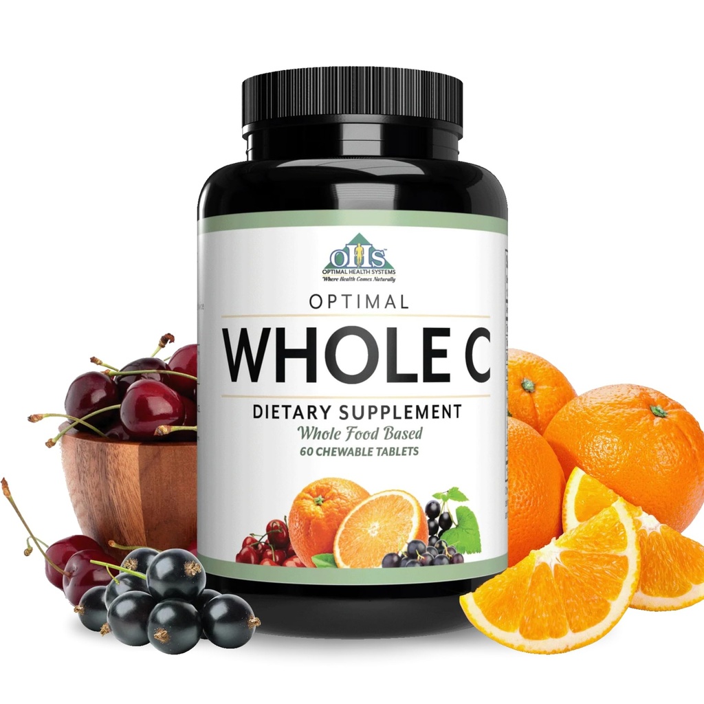 Sistemas de saúde ideais inteiros C mastigável; vitamina C potente de alimentos inteiros; cereja de acerola, fruta de laranja e groselha preta + bioflavenóides; 60 comprimidos