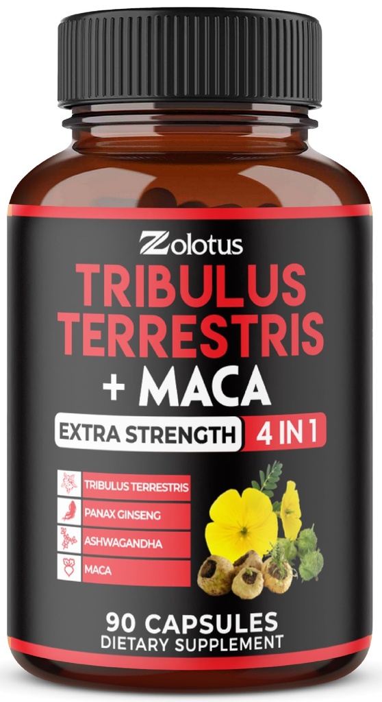 Zolotus Premium Tribulus Terrestris Cápsulas - Combinado com Ashwagandha, Panax Ginseng & Maca - 90 Condes por 3 Meses