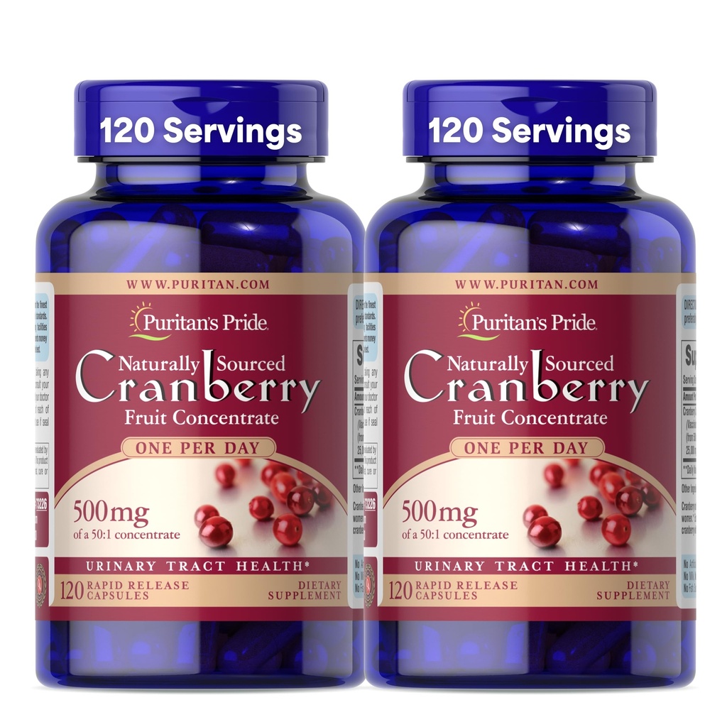 Orgulho Puritano Naturalmente Fonte Cranberry Um por dia Concentrado de frutas 500mg, 50:1 Suplemento dietético para suporte de trato urinário, Fornecimento de 4 meses, 120 cápsulas de liberação rápida, 2 embalagens