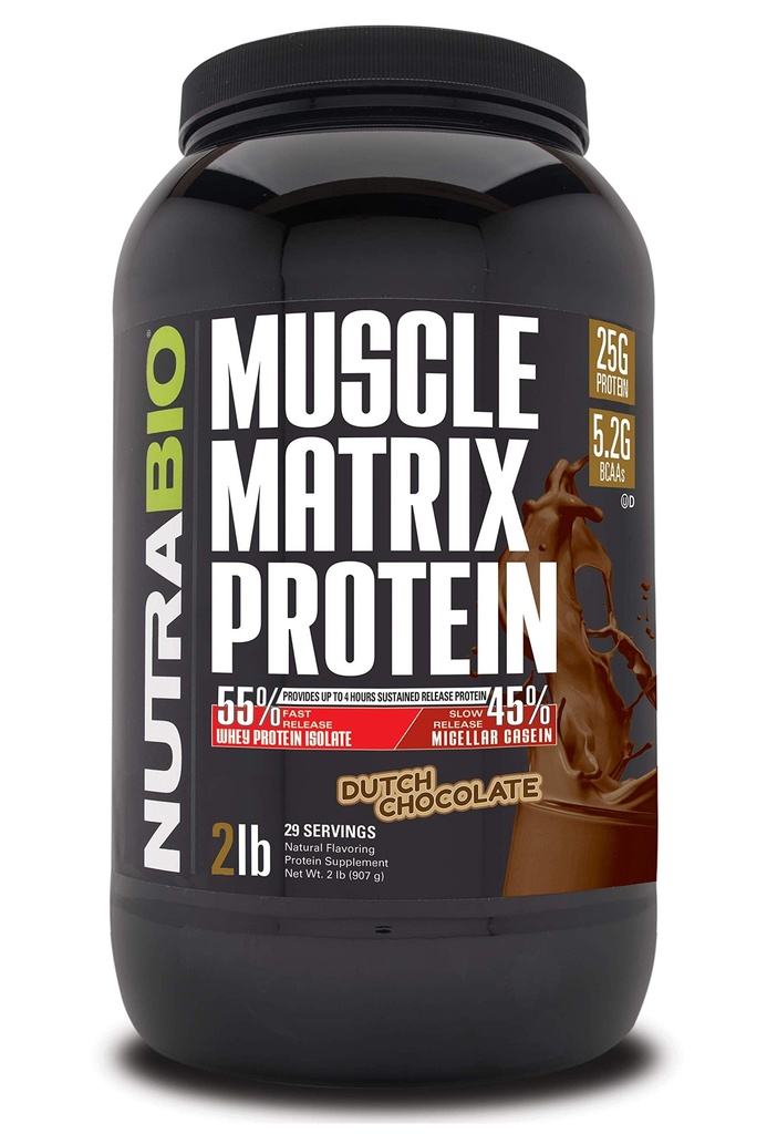 NutraBio Muscle Matrix Protein Powder - 25g de proteína por Scoop - Whey Isolate e Micellar Casein Combo para liberação rápida e lenta - Chocolate Holandês - 2 libras, 28 servings