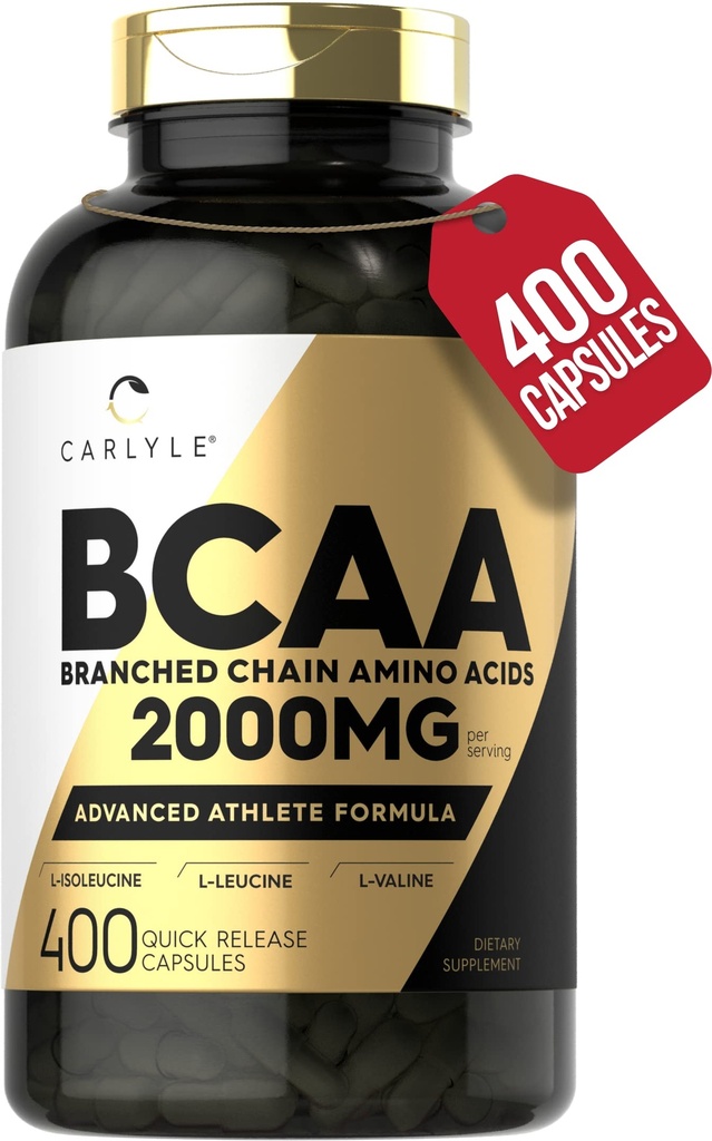 Cápsulas de Carlyle BCAA (2000mg) 400 comprimidos em pó (400 comprimidos) Suplemento de Aminoácidos para Mulheres e Homens