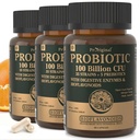 Probióticos orgânicos para mulheres e homens, 100 bilhões de UFC Probiótico para Digestivo, Gut & Imune Saúde - com Prebióticos, Bioflavonóides e Enzima Digestiva, 35 Strains Raw Probiótico Suplemento, 180 Caps