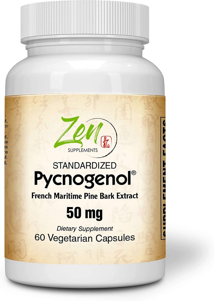 Suplementos Zen Pycnogenol 50mg - Extrato de casca de pinheiro marítimo francês padronizado para Antioxidante e suporte de inflamação - Não-GMO, Gluten & Soy Free 60-Vegcaps