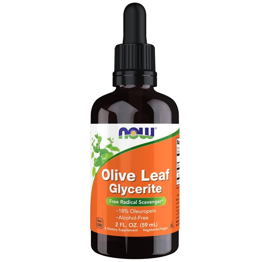 Now Foods Supplements, Olive Leaf Glicerite Liquid, 18% Oleuropein, Dropper Included, Free Radical Scavenger*, 2-Ounce