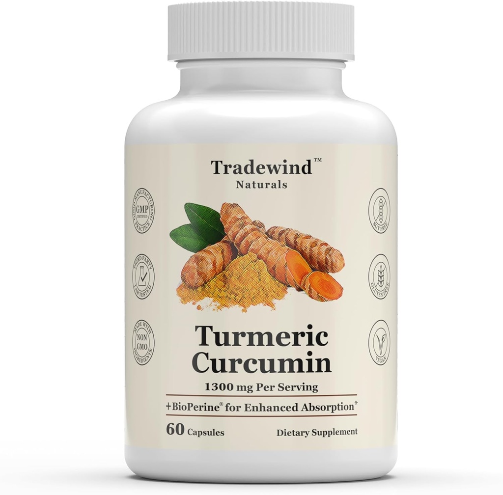 Curcumina cúrmica 1300mg - Cúrmica Premium com 95% de Curcuminóides e Extrato de Pimenta Negra BioPerine - Absorção Melhorada - Não-GMO - 60 Cápsulas Vegetais - Feito nos EUA