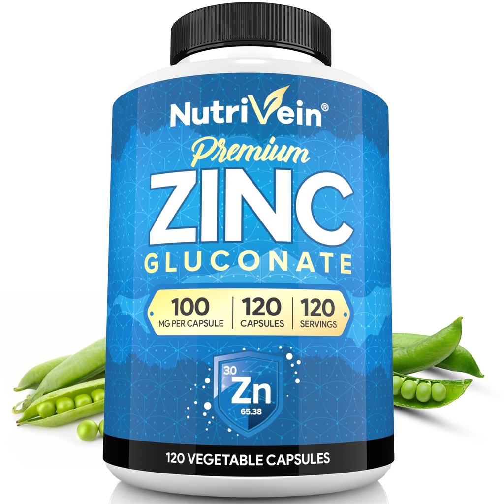 Nutrivein Premium Zinc Gluconato 100mg - 120 Cápsulas: Suplementos de Gluconato de Zinco de Alta Absorção para Bem-Estar Inteiro - Elementos Essenciais para Bem-Estar