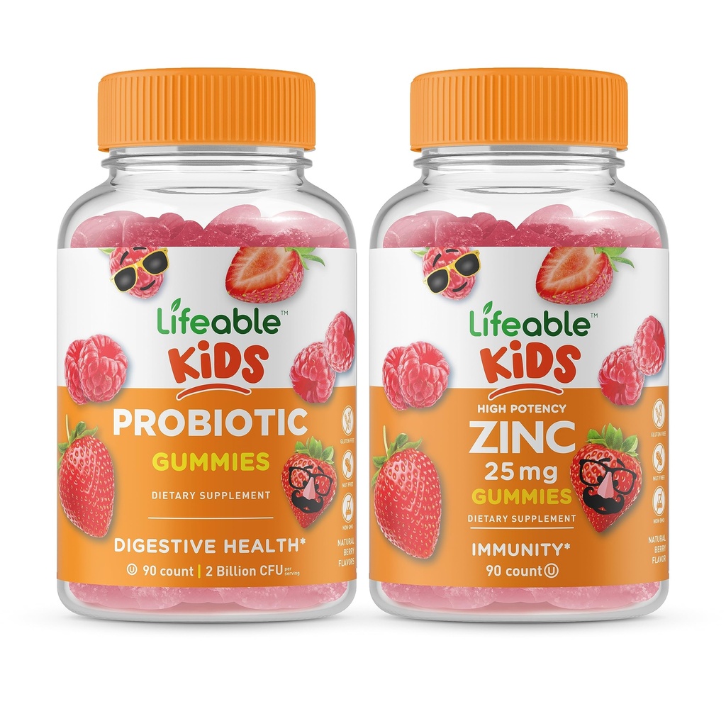 Vidable Probiótico 2 bilhões UFC Crianças + Zinco 25mg Crianças, chicletes Bundle - Grande degustação, Suplemento de Vitamina, Sem glúten, GMO Grátis, Gummy mastigável