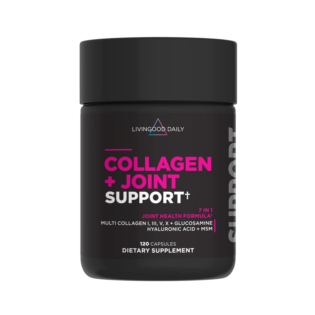 Livingood Colágeno Diário + Suporte Conjunto, Peptídeos de Colágeno Multi-Fed de Grama I III V X com Ácido Hialurônico, Suplemento de Suporte Conjunto para Mulheres e Homens, Unhas de Pele de Cabelo, Keto e Glúten Grátis, 120 Cápsulas