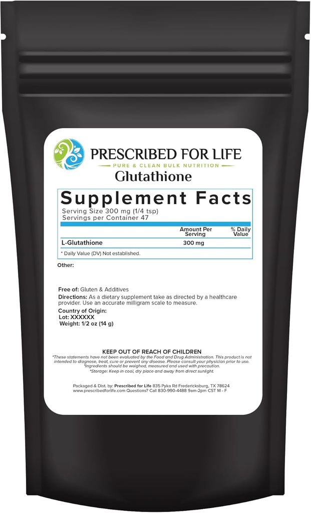 Prescrito para a vida L Pó de glutationa, Pure Reduced Glutationa, Tripeptida de Aminoácidos Glycine, Glutamina, e Cysteine, Antioxidantes Suplemento para suporte imunológico (0,5 oz / 14g)