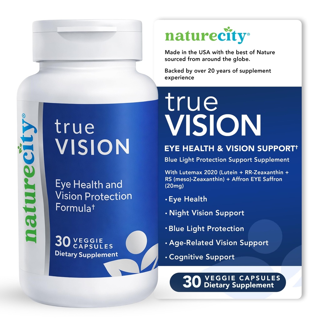 NatureCity True-Vision Eye Health Supplement - Lutein e Zeaxanthin com alta potência Saffron 20mg - Blue Light Protection, Support Visão Central e Noite (30 Cápsulas Veggie)