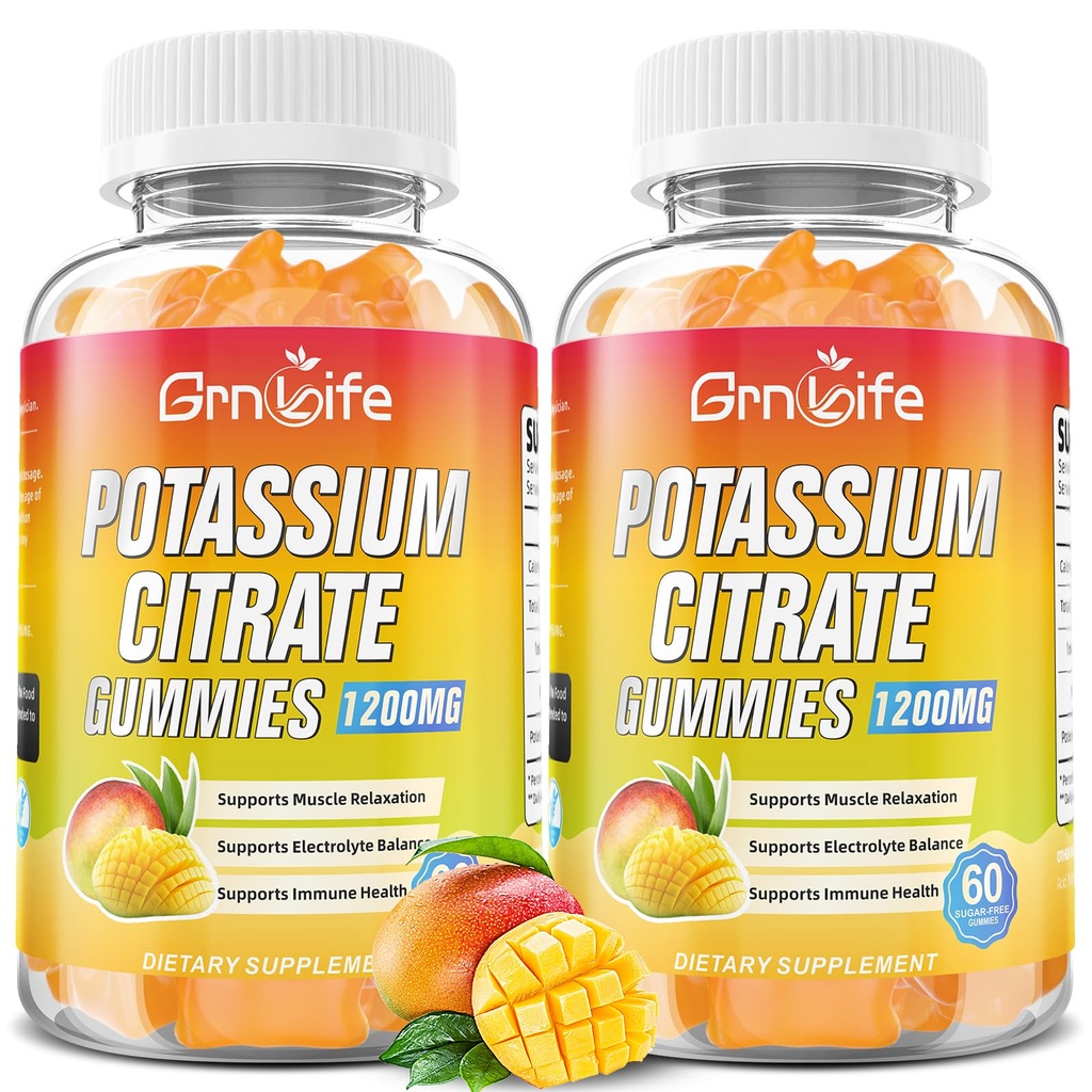 Pastilhas de citrato de potássio, pastilhas de alto suplemento de potássio 1200mg Suporte Cãis de pernas e saúde muscular, pastilhas de potássio para adultos e crianças, Vegan, Mango Flavor 120 Conde