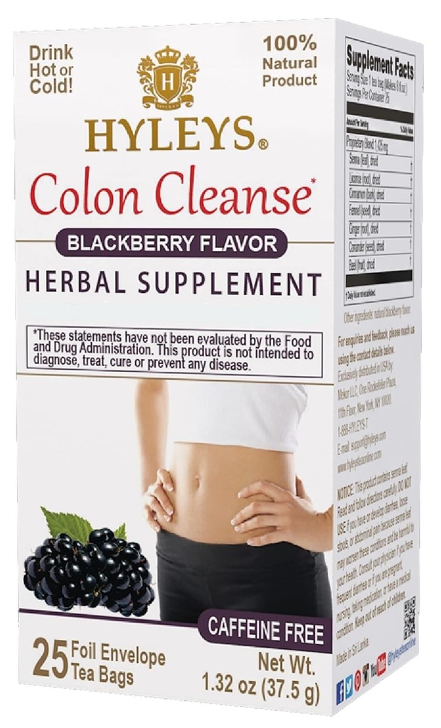 HYLEYS Colon Cleanse Tea BlackBerry Sabor - 25 sacos de chá (1 pacote)
