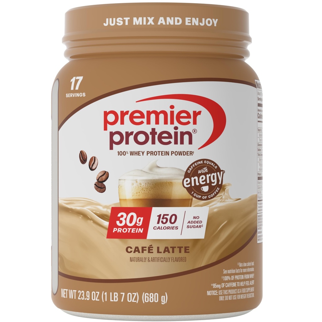 Premier Protein Powder, Café Latte, 30g Protein, 1g Sugar, 100% Whey Protein, Keto Friendly, Gluten Free, No Soy, 95mg Cafeína para Energia, 23,9 oz (17 Servings)