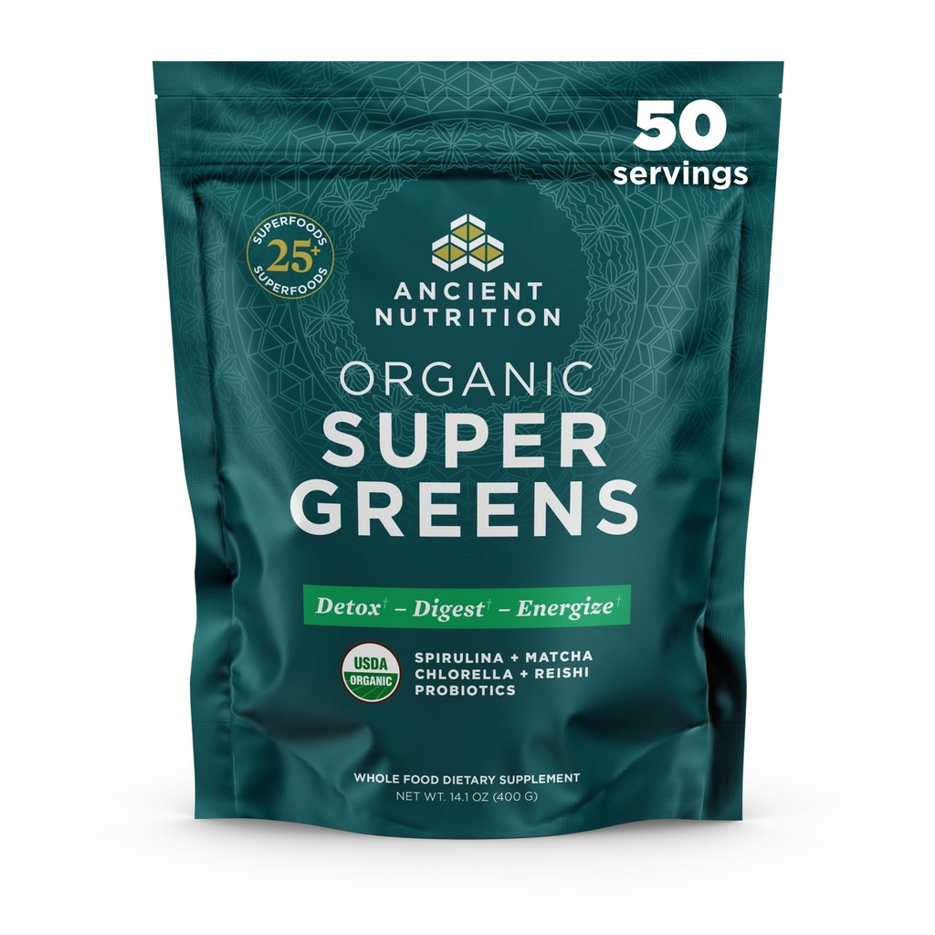 Nutrição antiga Super Verdes Pó, Superalimento Orgânico Pó com Probióticos Feito com espirulina, chlorela, Matcha, e Enzimas Digestivas, 50 Servings, 14.1 oz