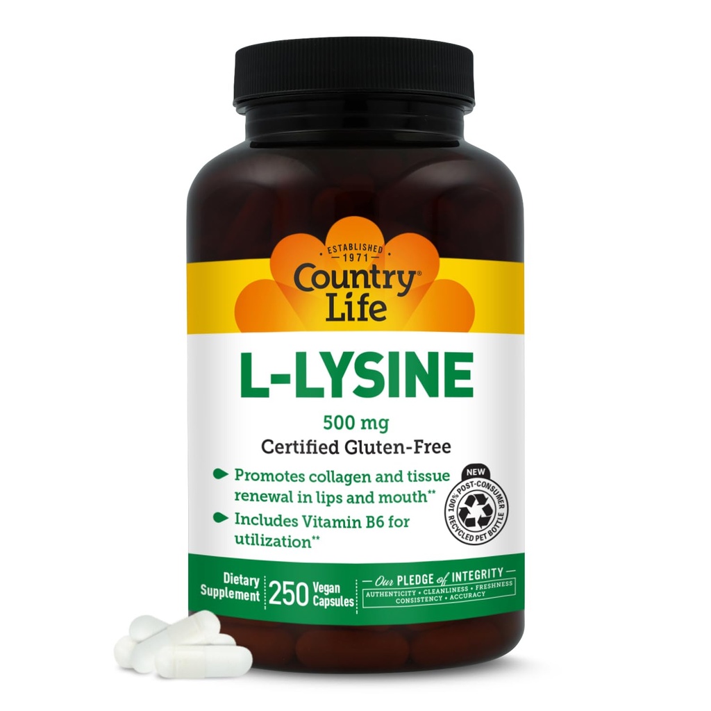 País Vida L-Lysine 500mg com B-6, Suporta Saúde Imune, Promove Renovação de Colágeno em Lábios e Boca, 250 Cápsulas Vegan, Certificado Gluten Grátis, Certificado Vegan