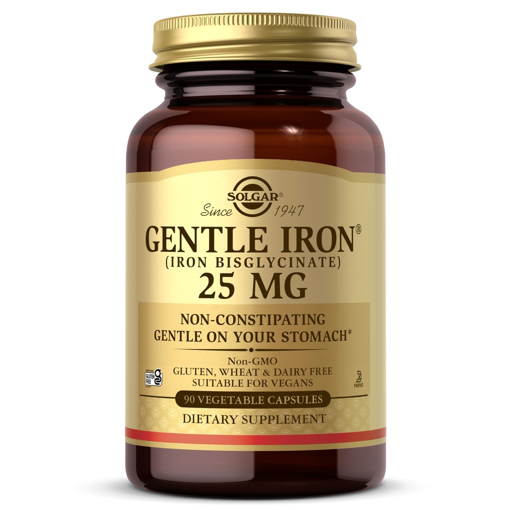 Solgar Gentle Iron 25mg, 90 Cápsulas Vegetais - Energia, Produção Normal de Células de Sangue Vermelho - Gentil sobre o estômago - Não-GMO, Vegan, Sem glúten, Leite Livre, Kosher - 90 Servings