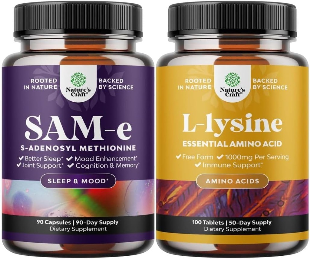 Pacote de Puro SAM E Suplemento 150mg - Nootrópico mesmo 150mg Por Serviço de Memória e Suporte Cérebro e L Lisina 1000mg Formulário Grátis - L-Lysine Suplemento para saúde ocular Lip Care Colágeno Síntese