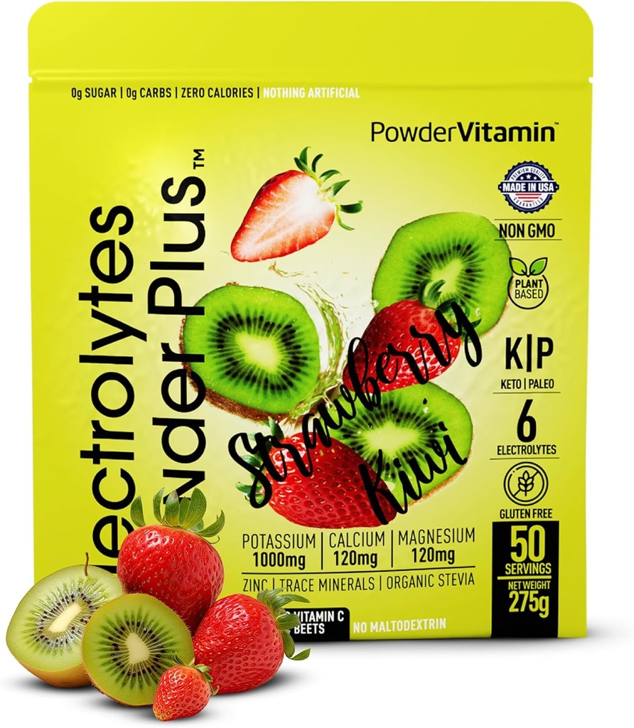 Eletrólitos Pó Plus (50 Servões), 0 Caloria Keto, 0 Açúcar, Sem Maltodextrina,1000mg Potássio,120mg Cálcio,120mg Magnésio, Hydration Powder (50 Servings, Morangueiro Kiwi)
