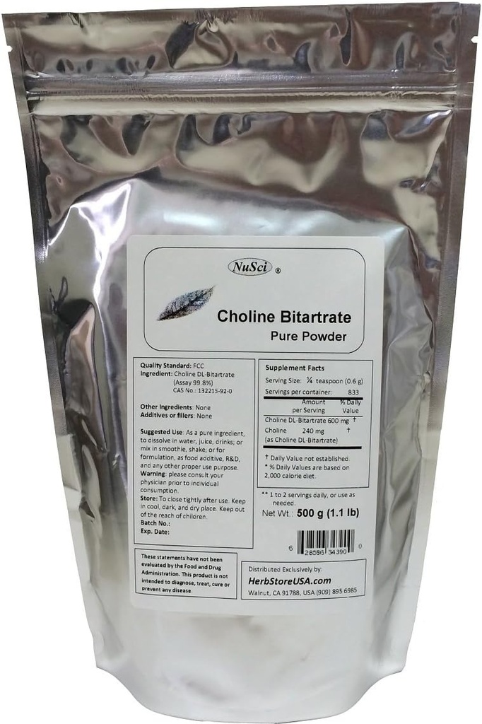 Colina DL- Bitartrato Pure Powder 500g (1.1 lb, 17.6 oz) Nutriente Inteligente