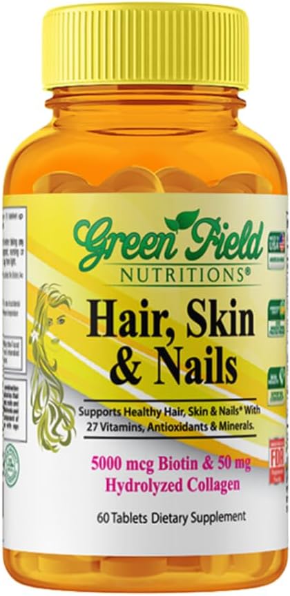 Greenfield Nutritions Halal Biotin Tablet para Adulto - 60 Halal Multivitamin para Pele de Cabelo e unhas - Alta potência 5000mcg Biotina com 50mg Colágeno e Mineral - Gelatina Gluten Free, Vitamina não-GMO