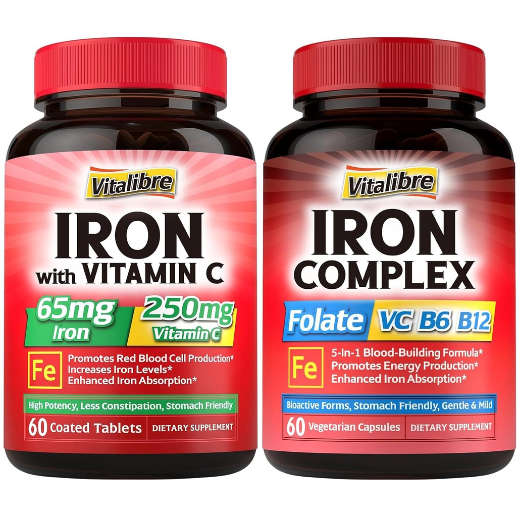 Suplemento de Ferro para Mulheres e Homens, com Vitaminas C, B6, B12 e Folato + Suplemento de Ferro, 65mg Ferro Carbonil com 250mg de Vitamina C