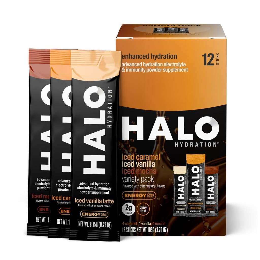 Hidratação HALO – Electrolyte Energy Drink Mix □ Hydration Powder Packets (Caramel, Baunilha, Mocha Lattes), Café magro saudável □ Easy Open Single Serving Stick