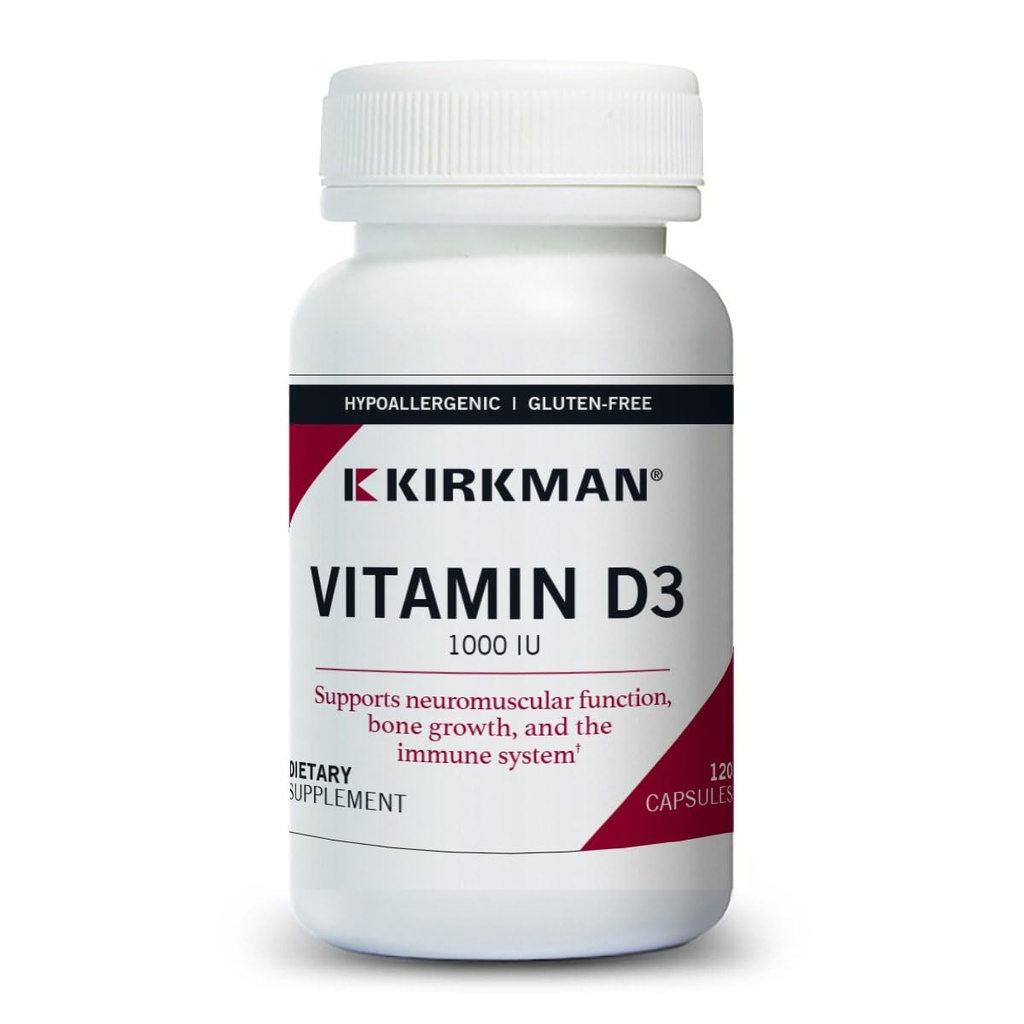 Kirkman - Vitamina D3 1000 UI - 120 Cápsulas - Suporta Saúde Imune - Ajuda a construir ossos fortes - Hipoalergênico