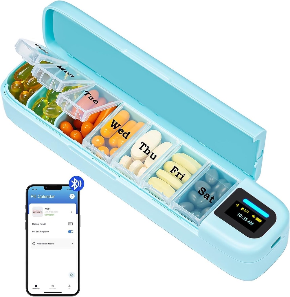 Daviky Smart Pill Organizer com alarme, Bluetooth diariamente uma vez por dia caixa de pílulas 7 dias com APP, caso de pílulas de viagem semanal, lembrete de pílulas portáteis para medicamentos, suplementos e vitaminas (verde)