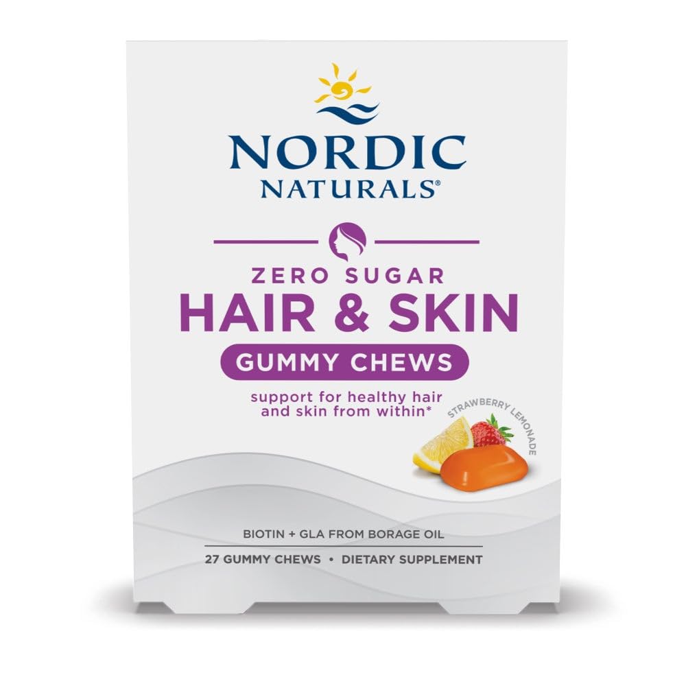 Naturals nórdicos Zero Sugar Cabelo & Pele Gummy Chews, Morango Limonada - 27 Gummy Chews - Biotina + GLA de Borage Oil - Promove o equilíbrio saudável de gorduras na pele - Não-GMO - 27 Servings