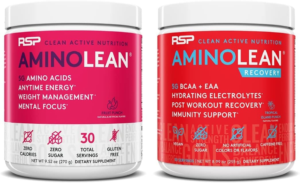 RSP NUTRITION AminoLean Pré-treino Energia (Fruit Punch 30 Servings) com AminoLean Recuperação Pós-treino Boost (Tropical Island Punch 30 Servings)