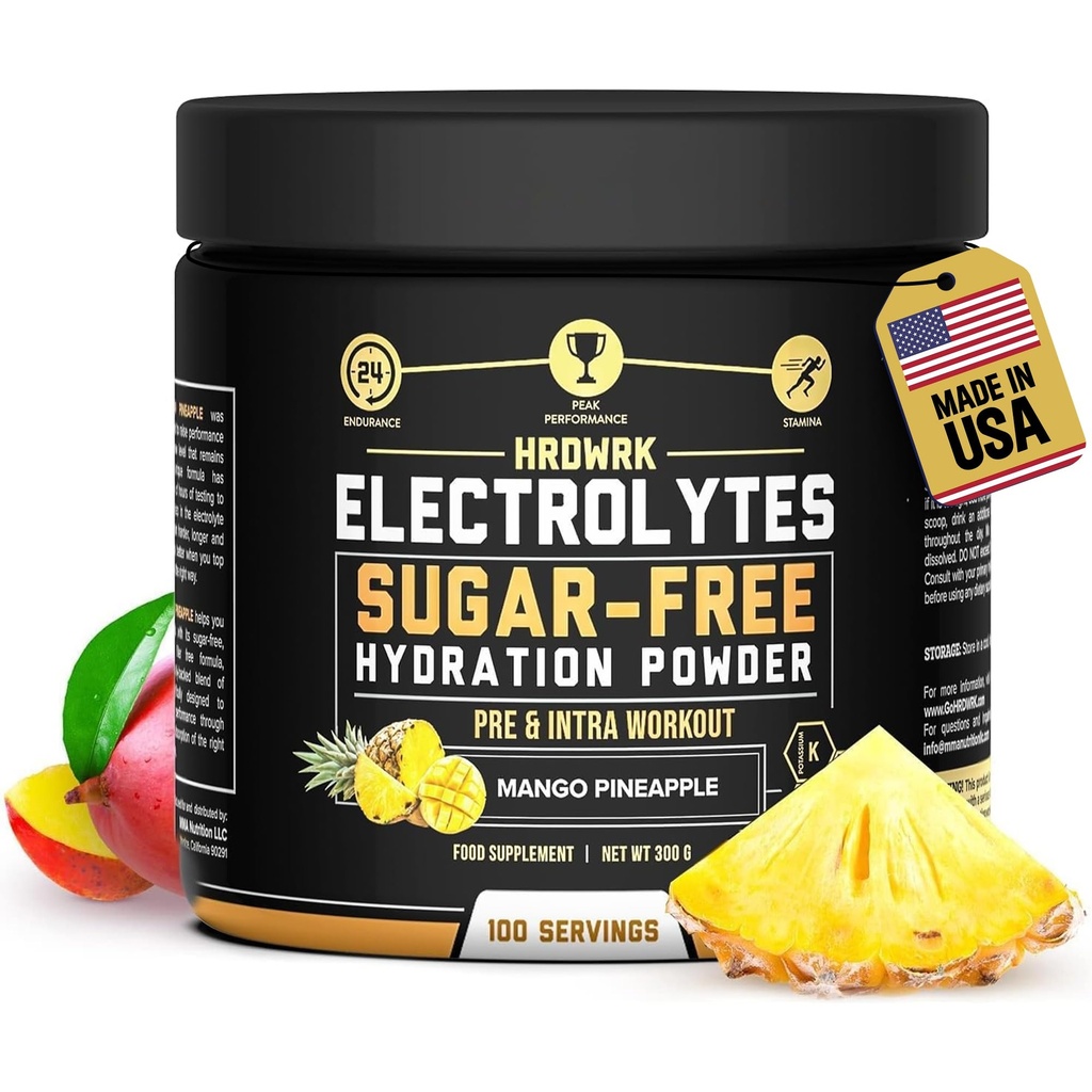 Eletrólitos HRDWRK Pó com Magnésio, Potássio - Eletrólitos gratuitos de açúcar Aumente a resistência e reduza a fadiga com este Suplemento de Eletrólitos - Hidratação Máxima - Keto Friendly