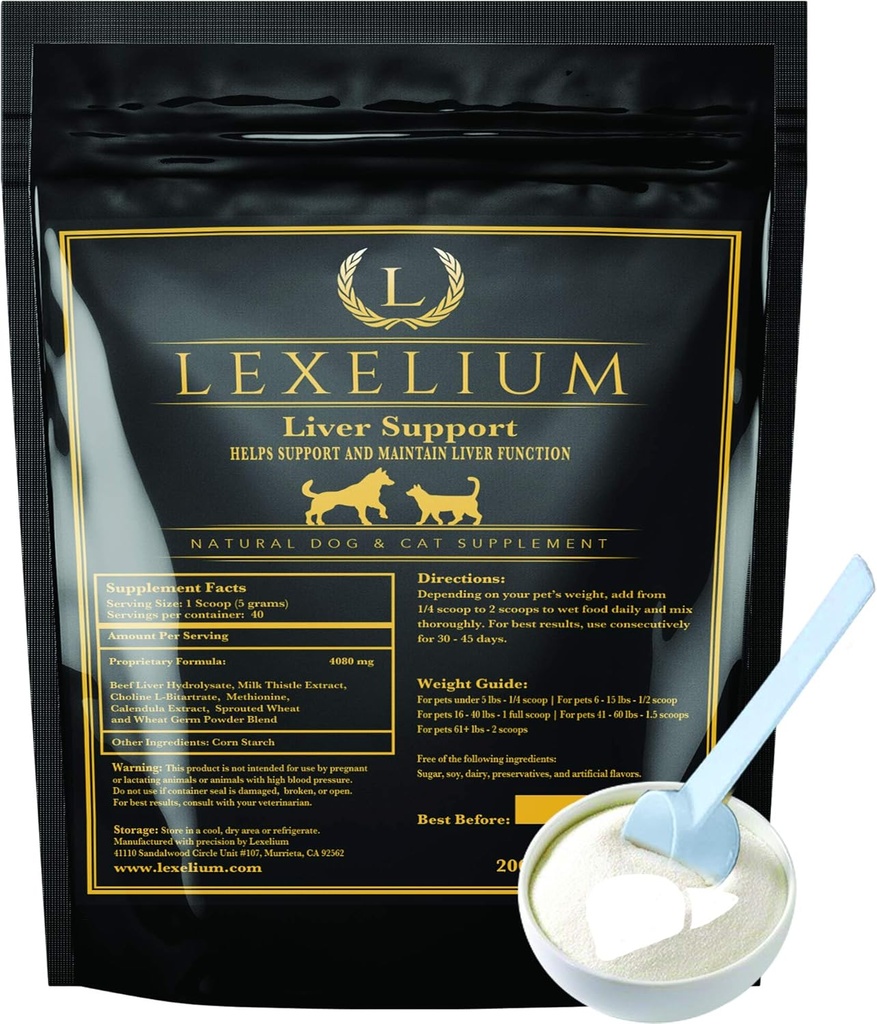 Suplemento de suporte de fígado para cães e gatos - Ótimo para desintoxicação e ajuda a função do rim, fígado e pele - Suporte de fígado de gato - Cardo de leite + Lisina + Bitartrato de colina + Metionina – 200g