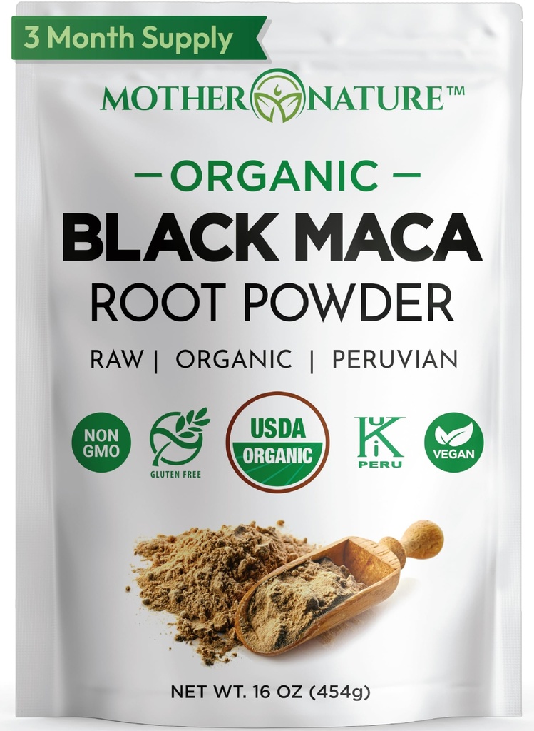 Orgânico, Raw Peruano Black Maca Root Powder - Premium USDA Certified, Ideal para homens e mulheres, Boost Workouts, Melhorar a recuperação muscular, Não-GMO, Vegan Superfood, 16 oz
