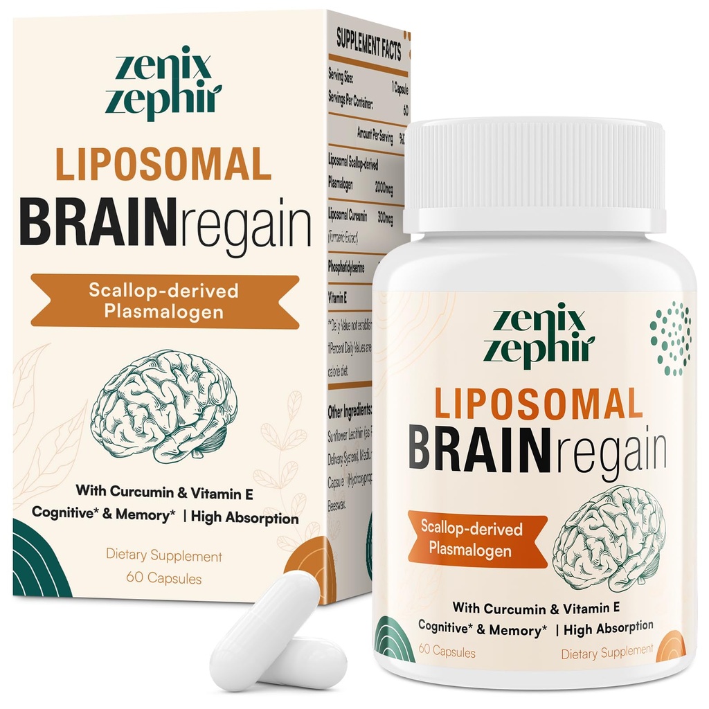Suplementos Lipossômicos do Cérebro para Memória e Foco - Plasmalogen com Curcumina e Vitamina E para melhor absorção- Adequado para idosos, homens adultos e mulheres saúde cognitiva, alta potência 60 Servings