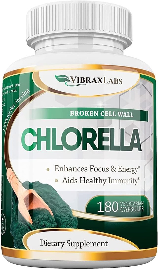 Cápsulas VibraxLabs chlorela – Parede celular quebrada 600 mg comprimidos vegetarianos (1200 mg Serving) - Suplemento de pó de proteína para desintoxicação natural, Melhor com espirulina, Sem sabor, Made in USA