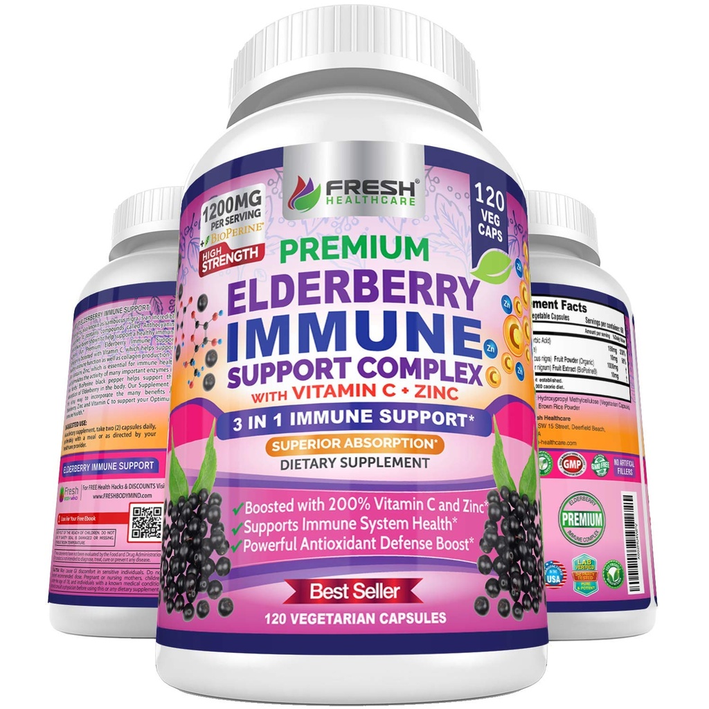 Cápsulas de Elderberry FRESH HEALTHCARE - Alta potência Black Elderberry com Zinco e Vitamina C - Premium 3-em-1 Imune Support Vitaminas para Adultos
