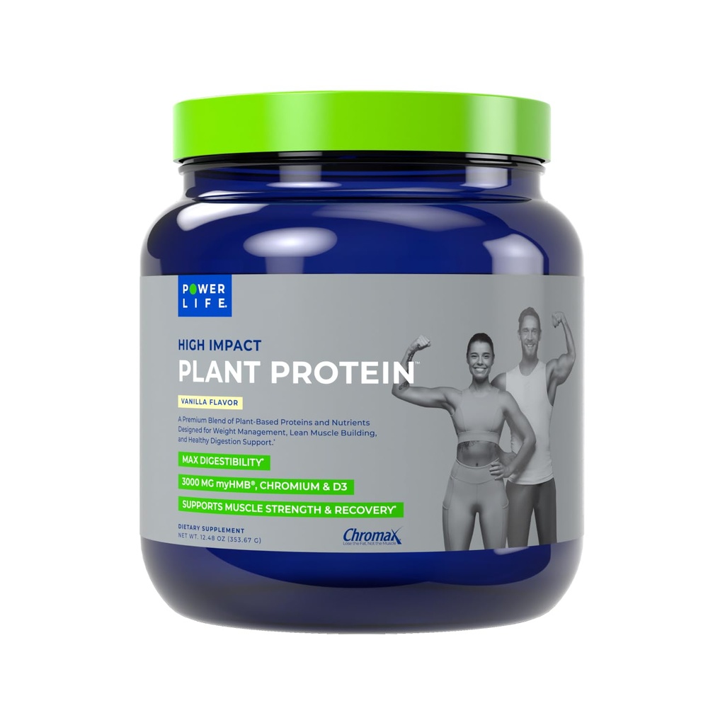 Pó de proteína de planta de alto impacto POWERLIFE com 3000 MG de HMB, Baseada em plantas, Sem açúcar adicionado, Vegan, Keto Friendly, Não-GMO (Vanilla - Nova Fórmula)