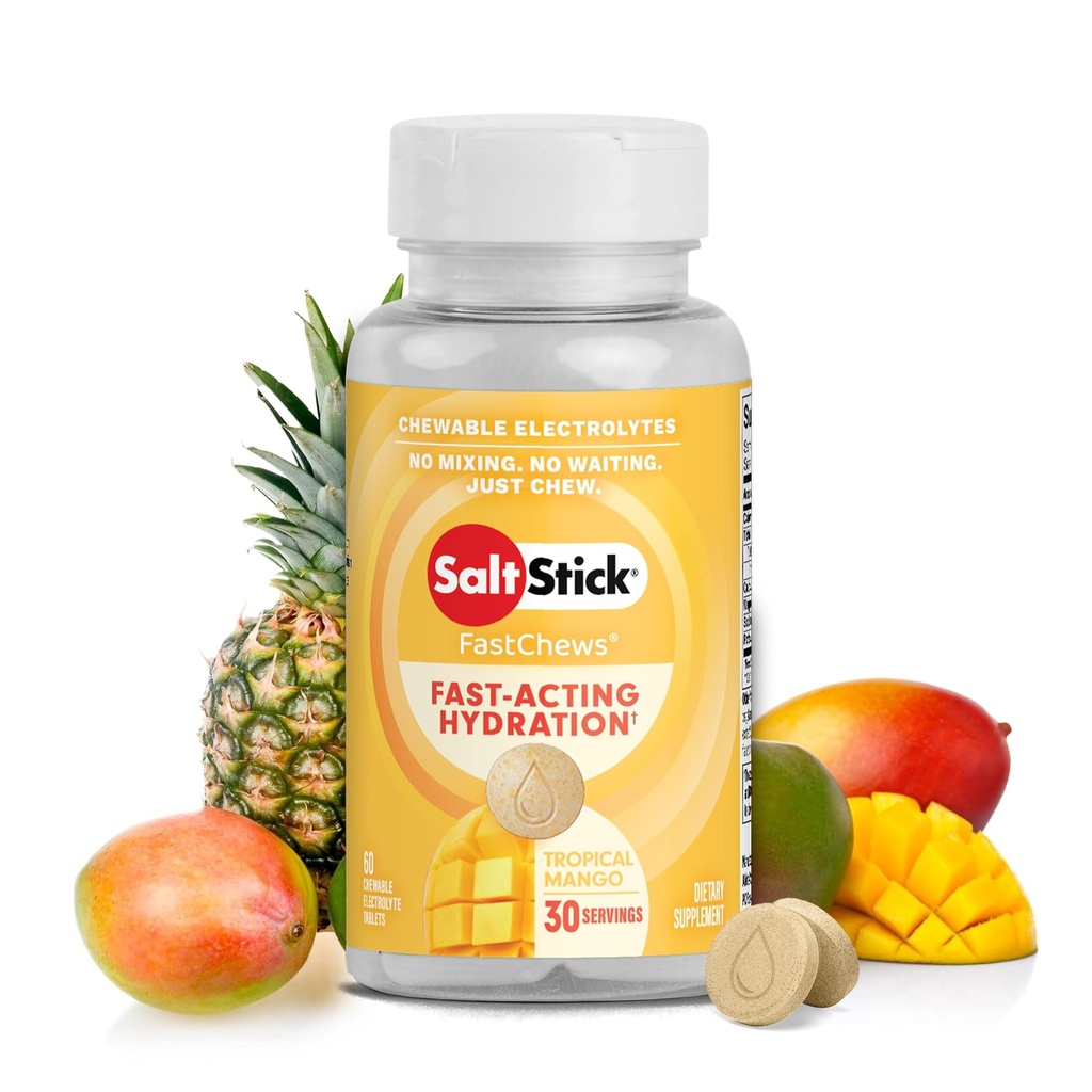 Eletrolítico SaltStick FastChews - 60 Eletrolitos Tropicais de Mango Mastigáveis - Comprimidos de Sal para Correr e Hidratação, Eletrolítico Mastiga - 60 Contagem