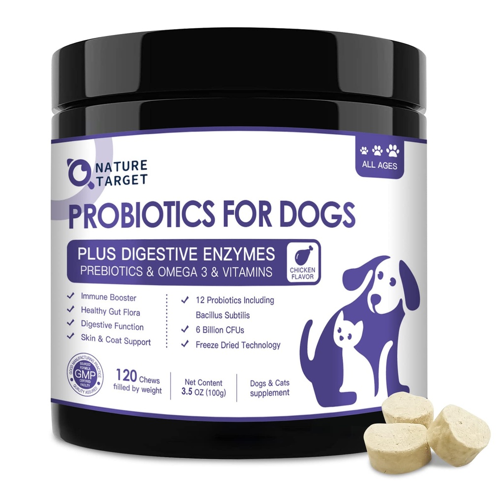 NATUREZA TARGET Probióticos para cães, 6 Bilhões Freeze Dog Probióticos Secados com Prebióticos & Enzimas, Vitaminas, Omega 3, para Digestive & Gut Health, Itch Relief, Reduzir Diarréia, 120 Mordidas