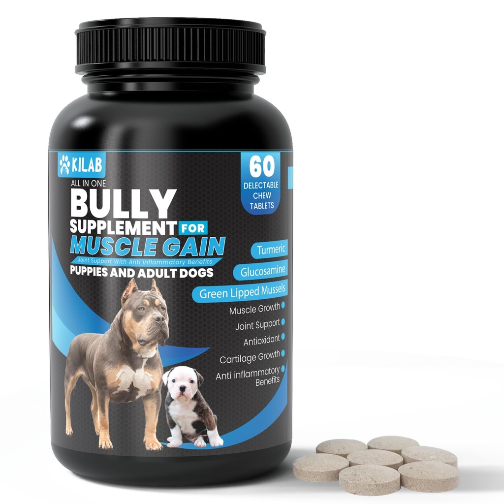 Kilab cão peso Gainer – 60-Count Muscle Builder cão suplemento – Suplemento de crescimento muscular para cães, filhotes e adultos – Bully fórmula de crescimento com açafrão, glucosamina, Verde Mexilhões Lipped