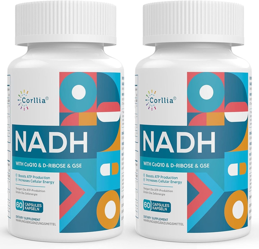 NADH 50mg + CoQ10 200mg + D-Ribose 150mg Suplemento, Melhorar NAD+ Suplemento de Energia, Fadiga, Nicotinamida Reduzida Adenina Dinucleotídeo, 120 Cápsulas Veggie