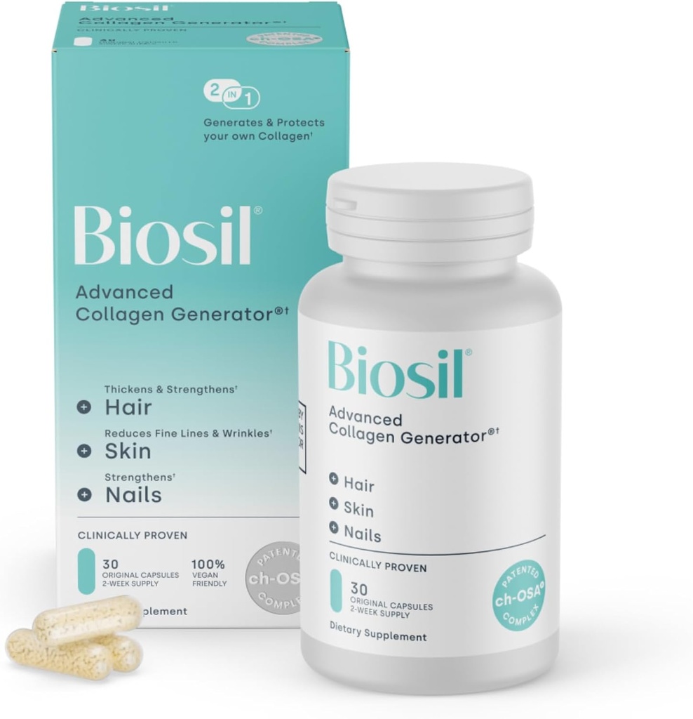 Biosil Collagen Booster Supplement - 30 Cápsulas Originais - Patented ch-OSA Activator for Skin, Hair, Nails & Joints - Supply - 15 Day Supply