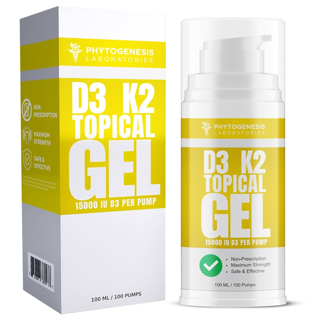 Vitamina D3 K2 Gel tópico de força máxima - 15000+ UI por bomba - A vitamina solar - apoia a saúde óssea e conjunta, suporte imunológico - fornecimento de um mês