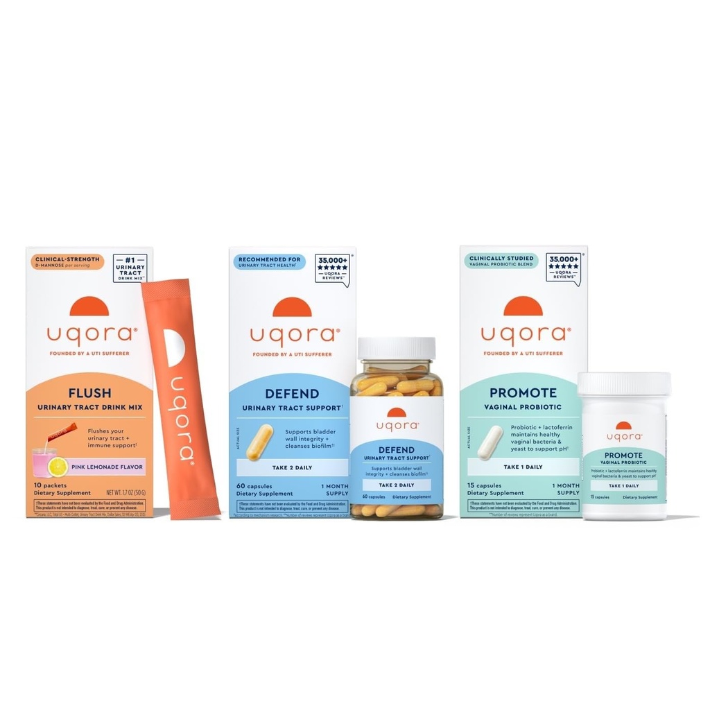 Uqora Regime Completo com Flush, Defender e Promover - Apoio ao Trato Urinário com D-Mannose, Vitamina C, Extrato de Chá Verde, Probióticos & Mais - Suporte Integral de Saúde Bladder * - pacote de 3 partes