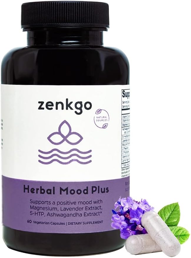 Zenkgo Ashwagandha, 5-HTP, Lavanda, Mucuna, L-triptofano - Suplemento de suporte de humor, Baseada em Plantas, Mood Herbal Plus Ajuda com calma mente & alívio de estresse, Blalance Emoção, Positividade (60Ct/30Day)