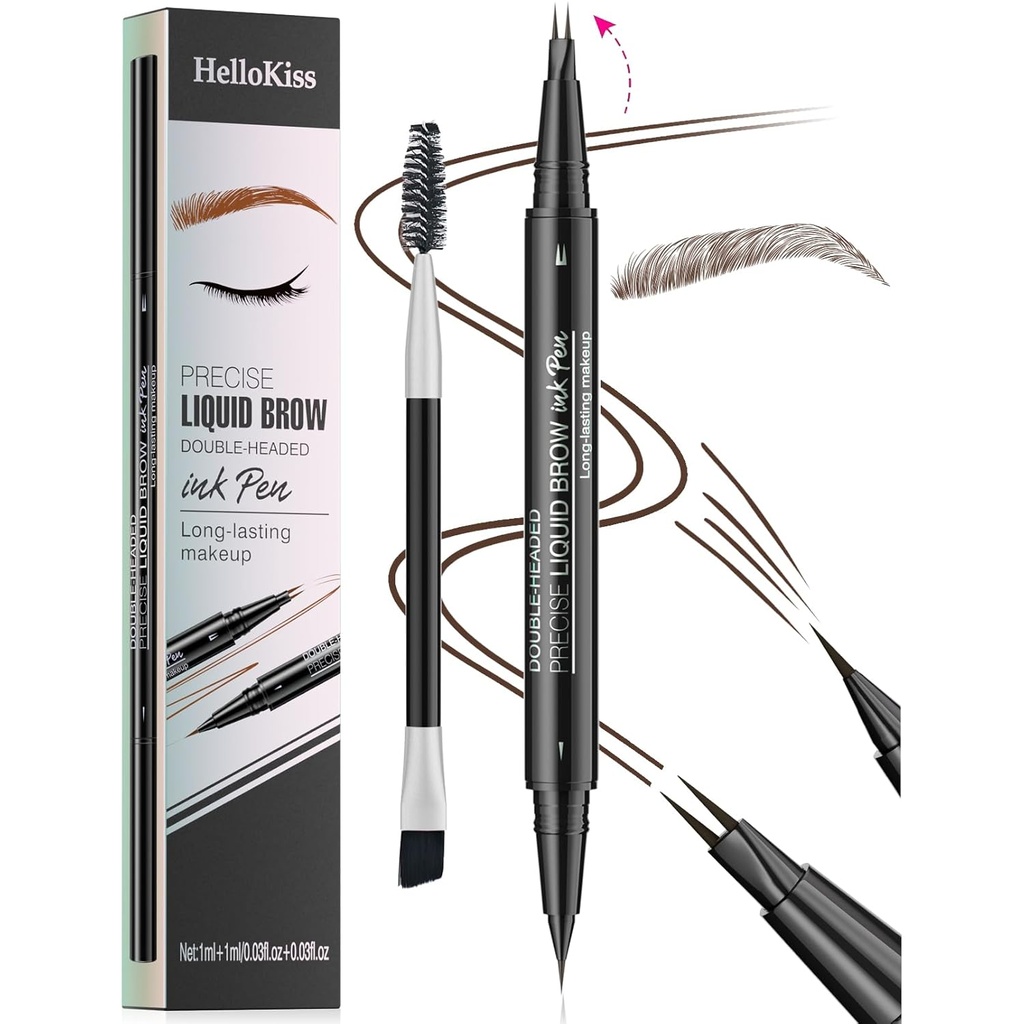 Caneta de sobrancelha de 2 pontas, 2 em 1, com escova de sobrancelha. À prova de suor e à prova de água, navegação líquida precisa, 5 tons, longa duração (3 #Dark Brown)