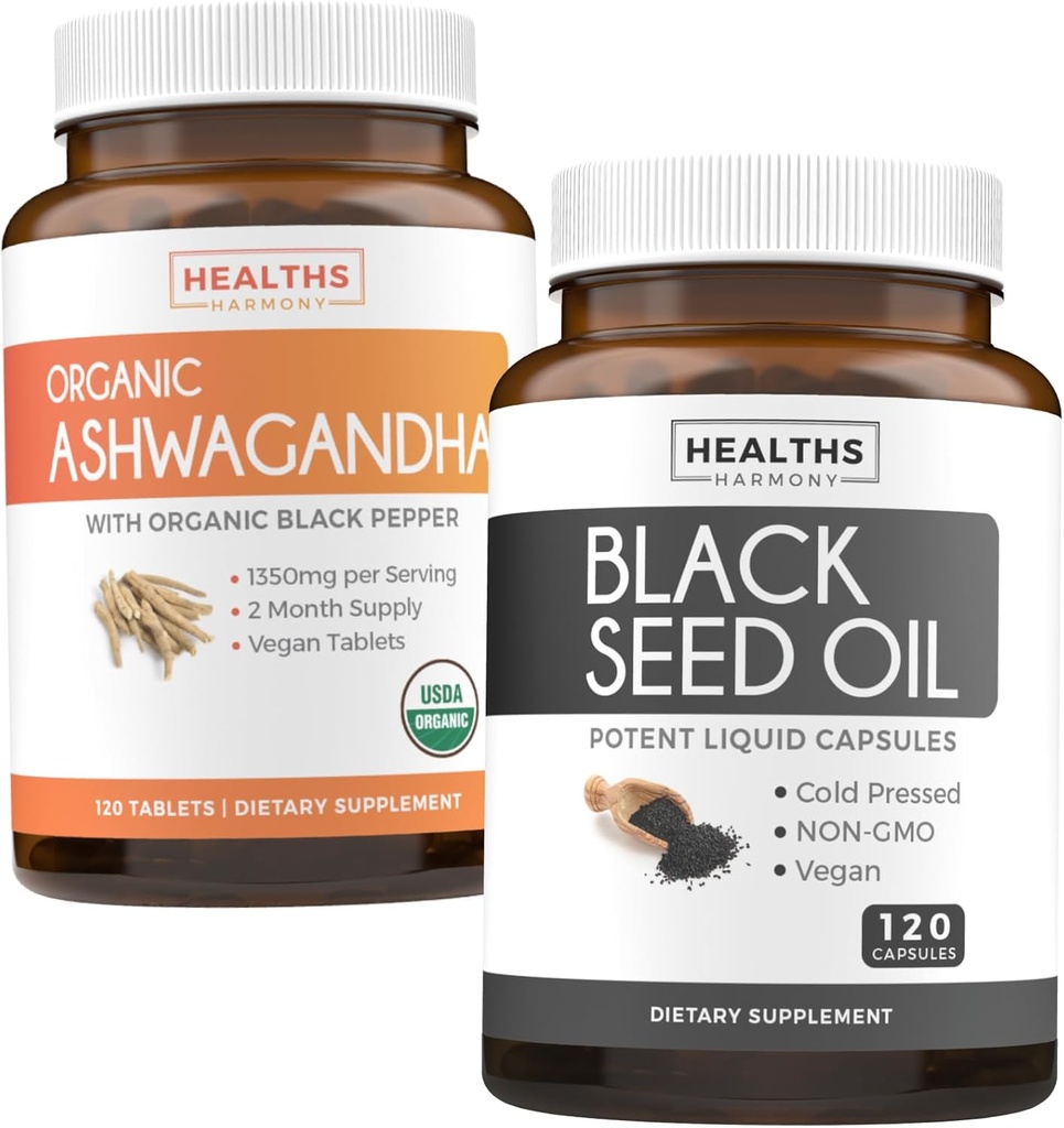 Pacote de óleo de semente preta e orgânico Ashwagandha - Renew & Recharge Bundle - Black Seed Oil - 120 cápsulas de gel macio (não-GMO & Vegetarian) e orgânico Ashwagandha Root Powder 1350mg servir (120 comprimidos)
